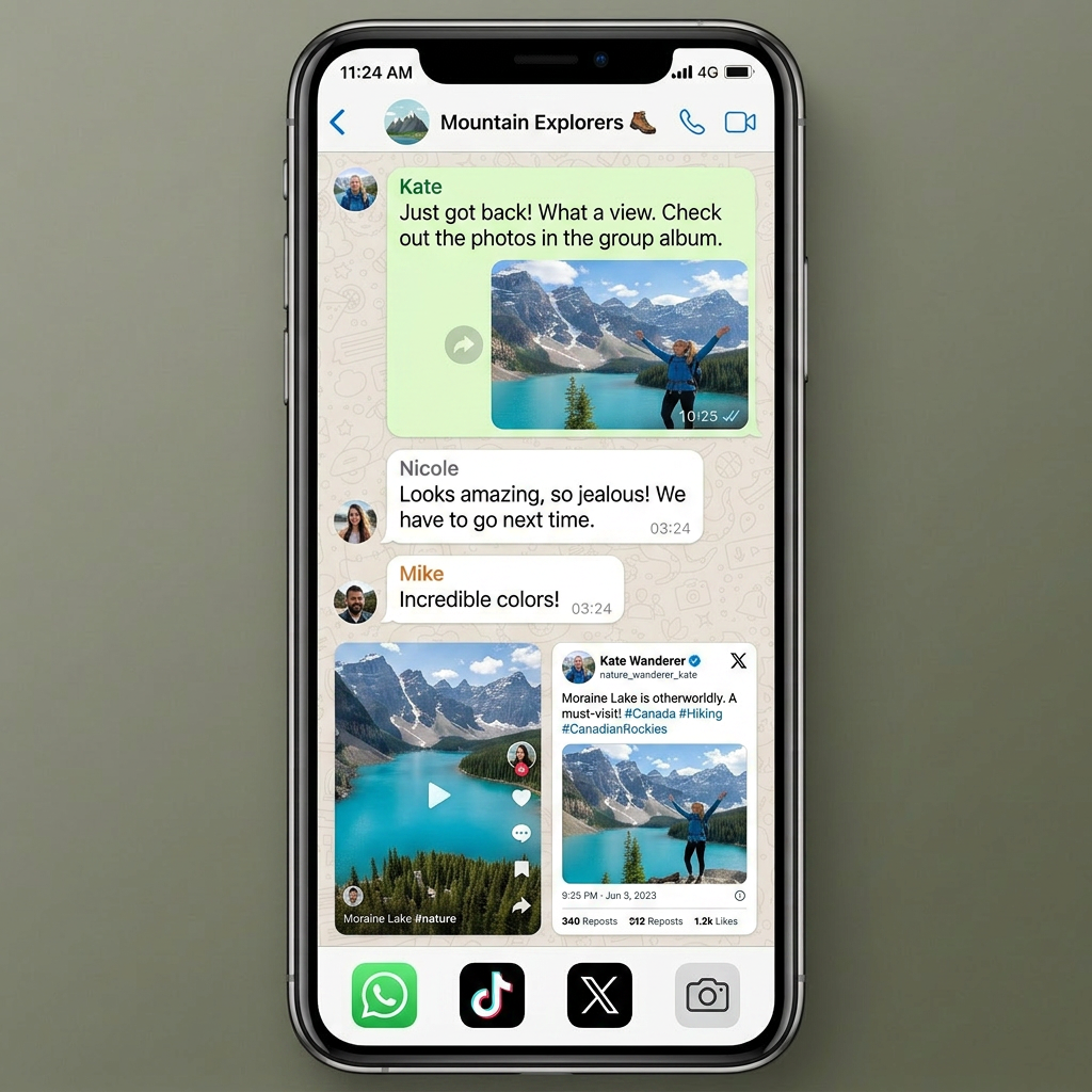Instagram post featuring a woman with arms raised near turquoise Moraine Lake and mountain peaks